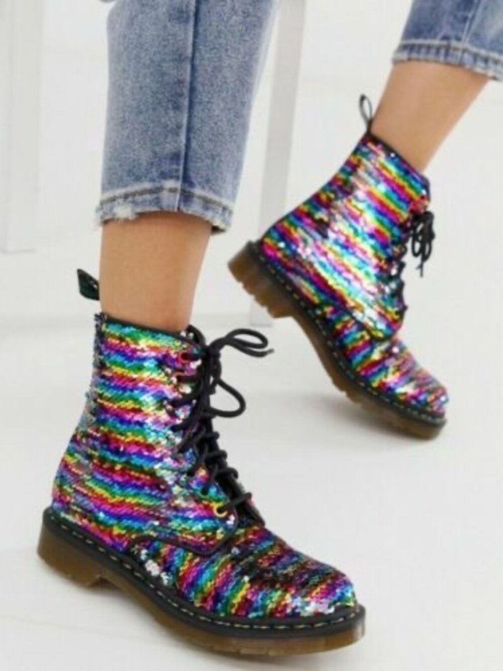 Dr. Martens 1460 Pascal Reversible Sequin Boots Rainbow Silver Women' 7 Like New